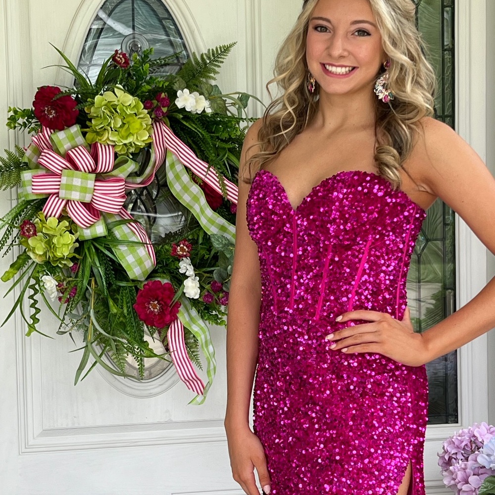 Sherri Hill Fuchsia Sequin Strapless Gown - Picture 2 of 3